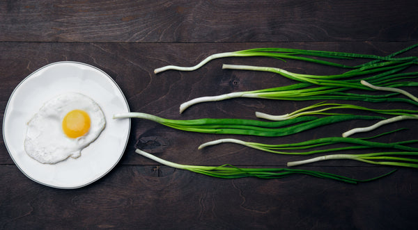 Fried egg on a white plate beside fresh spring onions on a dark wooden board