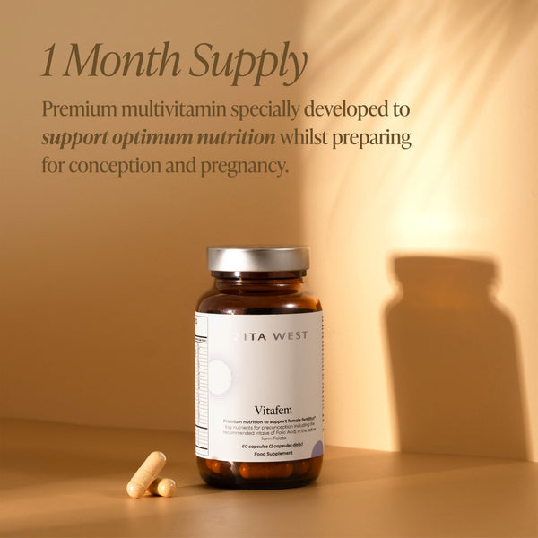 Zita West Vitafem fertility multivitamin, reformulated with more bioavailable ingredient forms, lifestyle shot