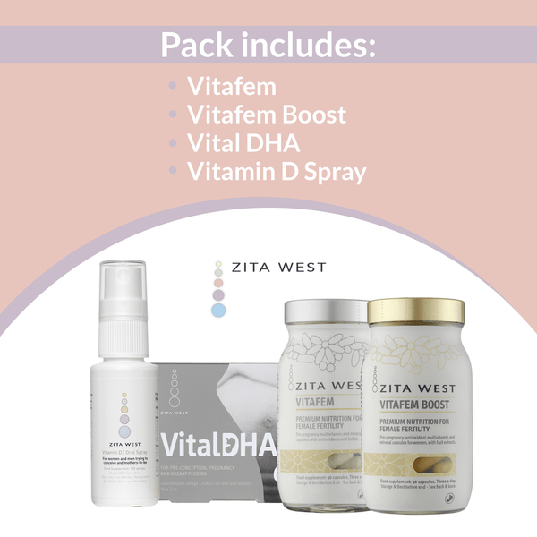 Zita West supplement pack including Vitafem, Vitafem Boost, Vital DHA and Vitamin D Spray bottles