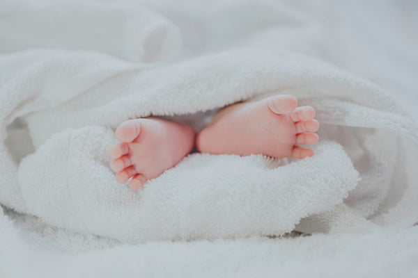 Close-up of a newborn baby's tiny feet peeking out from a soft white blanket