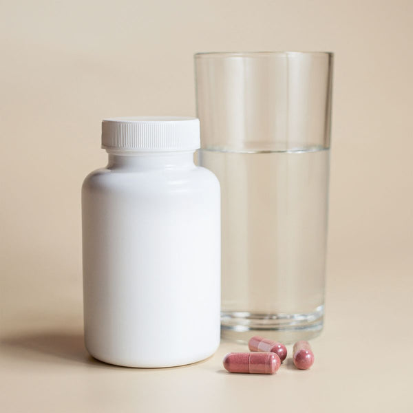 A sealed white supplement bottle beside a glass of water, representing a daily foundation routine