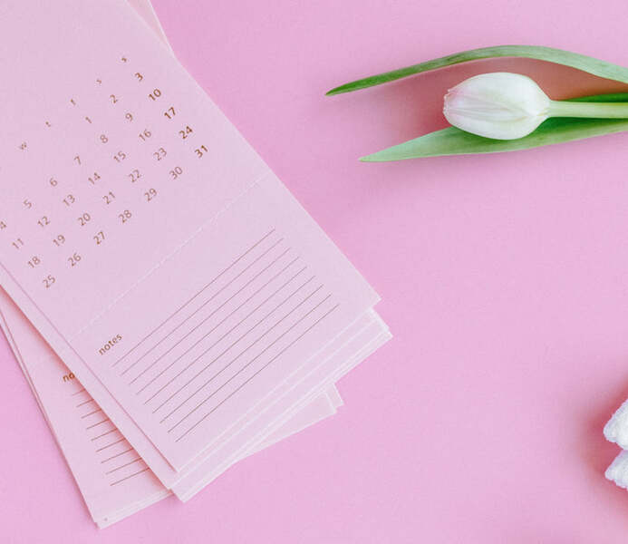 Pink calendar notepad beside a white tulip on a pink background