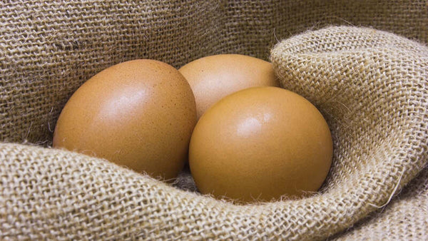 Three brown eggs nestled together in burlap fabric