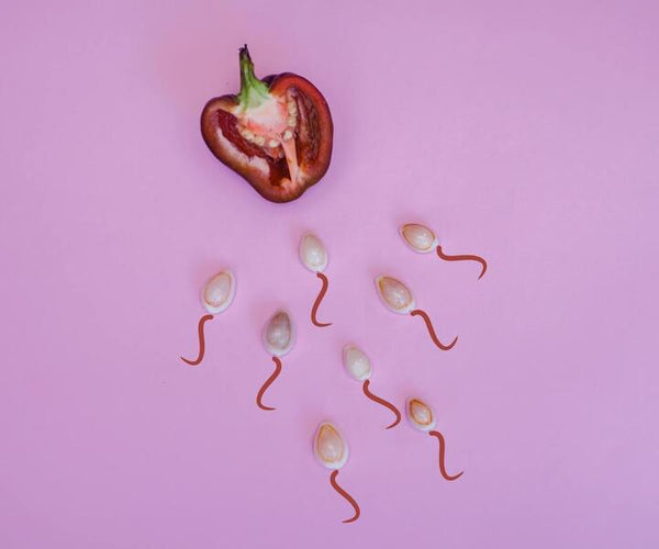 Conceptual image of a halved pepper with seeds shaped like sperm on a pink background