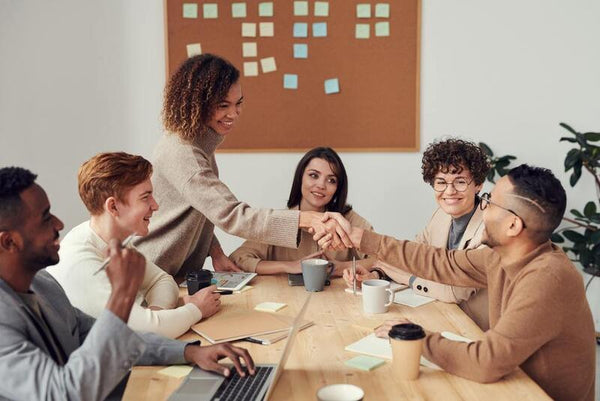 Colleagues shaking hands across a conference table during a meeting
