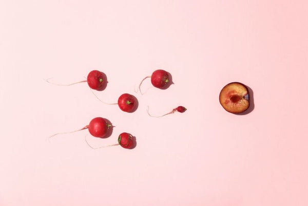 Radishes with roots and a halved plum arranged to resemble sperm swimming toward an egg