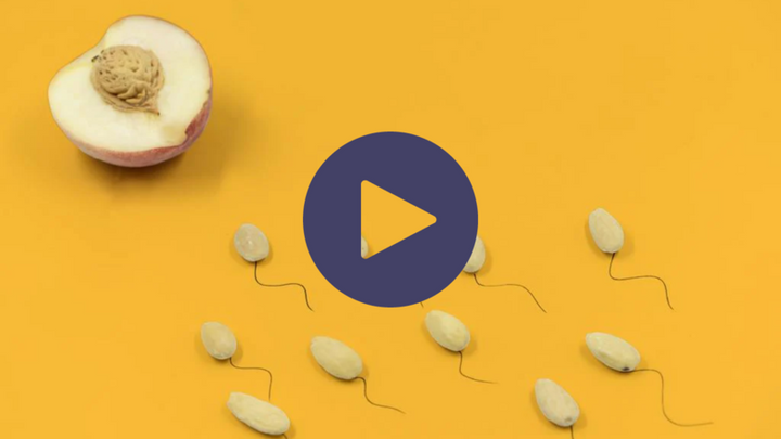 Almonds arranged as sperm cells swimming towards a halved peach on a yellow background