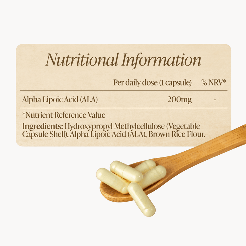Nutritional information label for Alpha Lipoic Acid capsules with a wooden spoon holding capsules.
