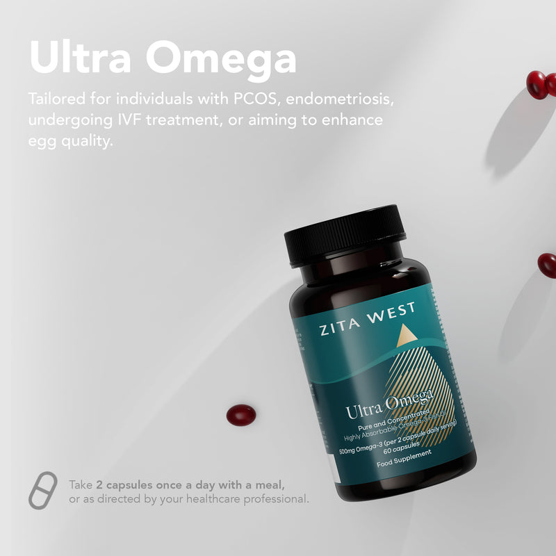 Zita West Ultra Omega supplement bottle on a light grey background