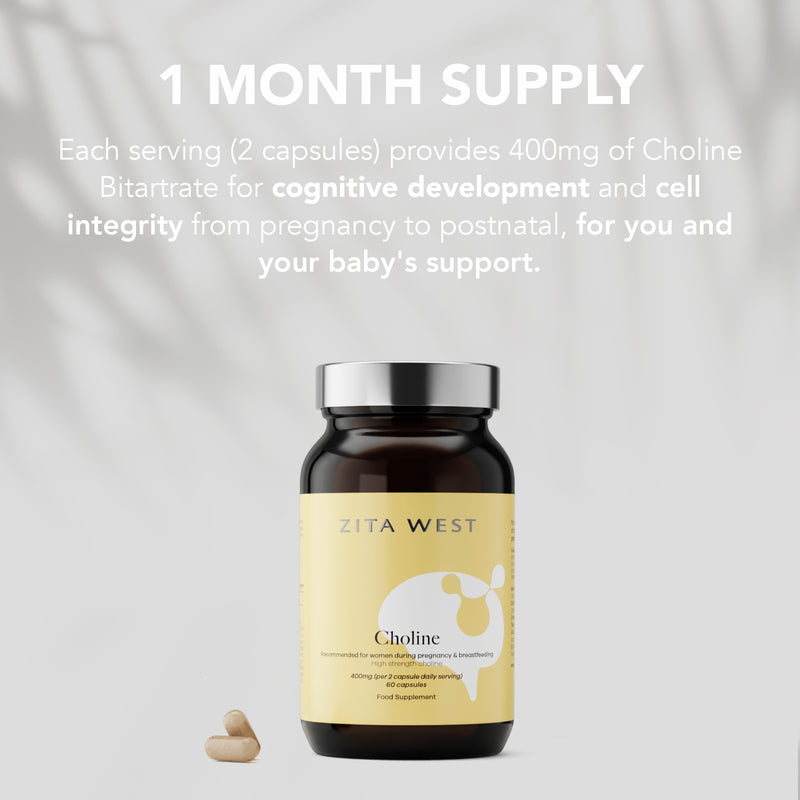 A bottle of Zita West Choline and two capsules on a grey background with soft shadows