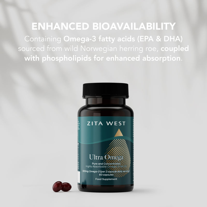 Zita West Ultra Omega supplement bottle with text about enhanced bioavailability on a light grey background