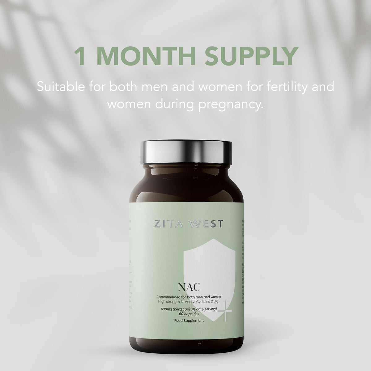 Zita West NAC supplement bottle with text about 1 month supply for fertility and pregnancy on a light background