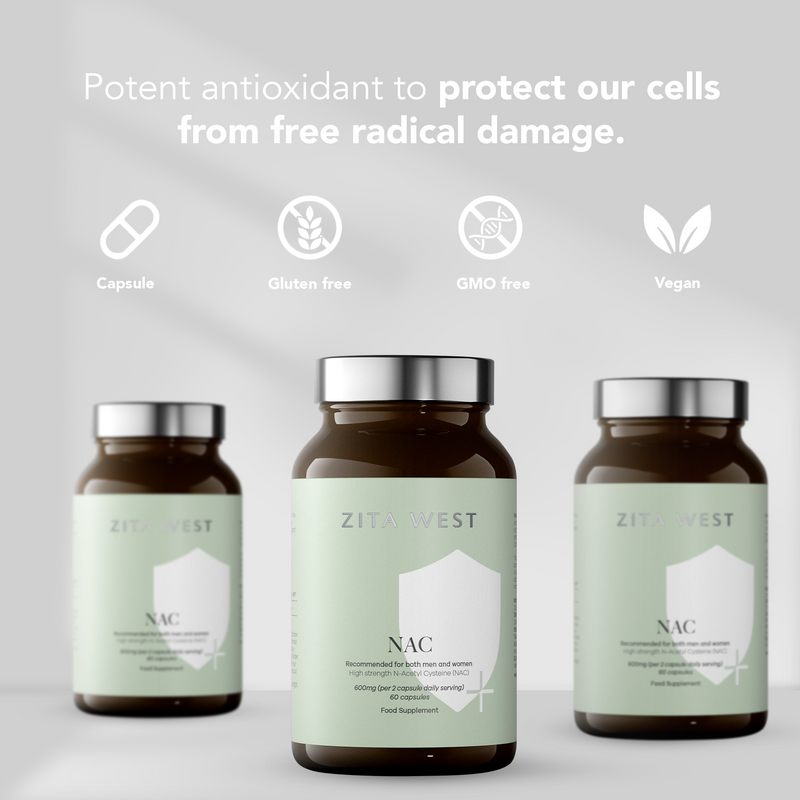 Zita West NAC supplement bottles with certification icons on a light gray background