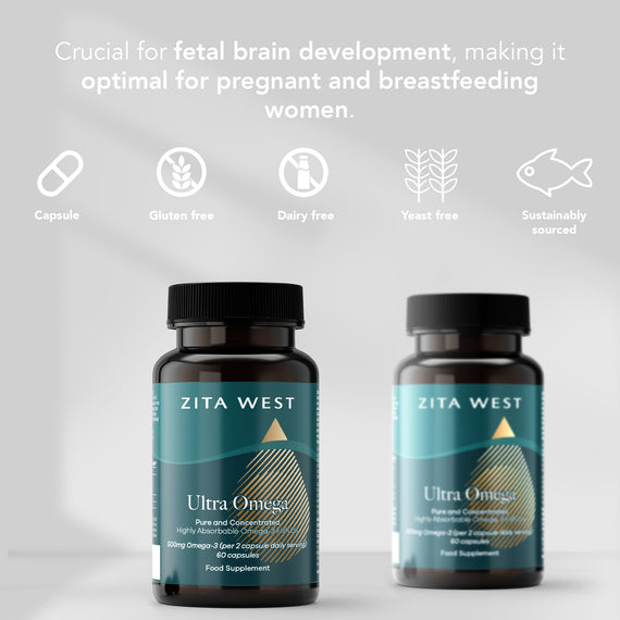 Two bottles of Zita West Ultra Omega supplements on a light grey background with text about fetal brain development.