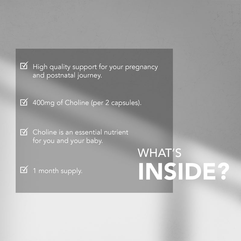 Product packaging with text about high-quality support for pregnancy and postnatal journey, Choline content, and a 1-month supply.