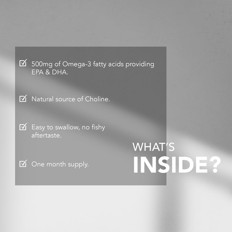 Product packaging with text detailing features on a grey background