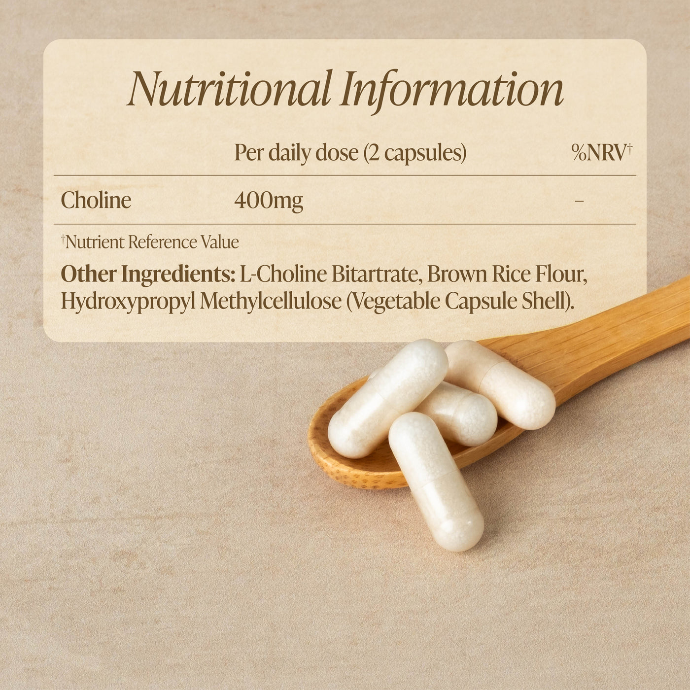 A close-up of several white supplement capsules resting on a wooden spoon, with a beige label above showing nutritional information for choline 400mg.