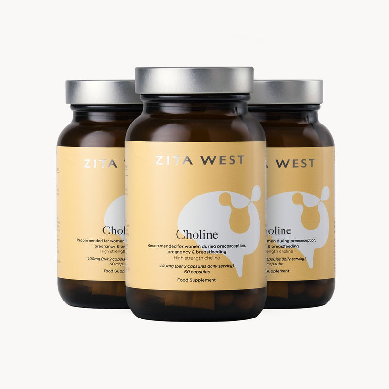 Three bottles of Zita West Choline supplement on a white background