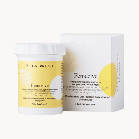 Zita West Femceive supplement container and packaging on a white background