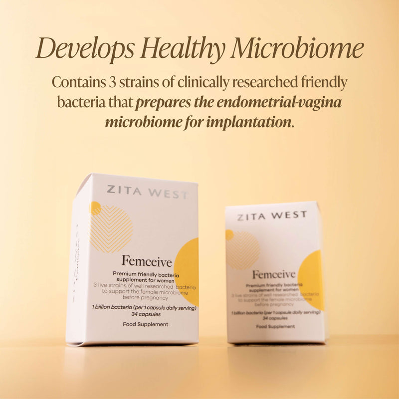 Two bottles of Zita West Femceive on a yellow background