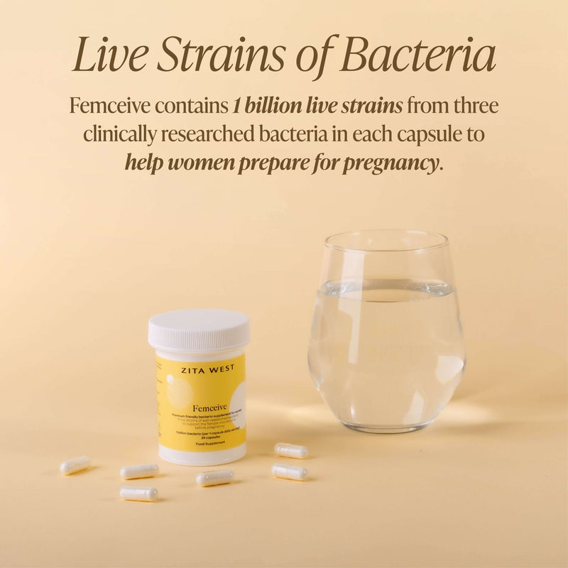 Zita West Femceive and capsules next to a glass of water