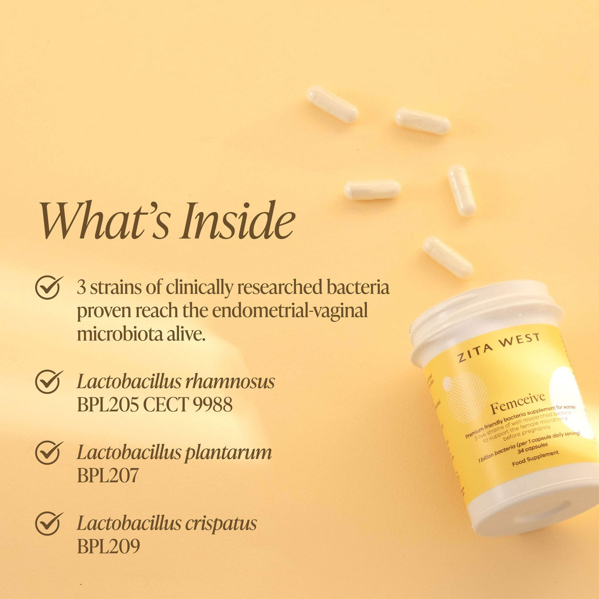 A bottle of Zita West Femceive on a yellow background with capsules scattered