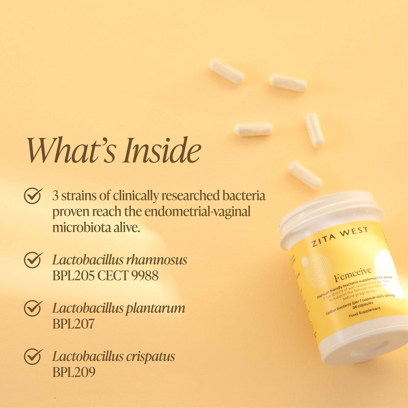 A bottle of Zita West Femceive on a yellow background with capsules scattered