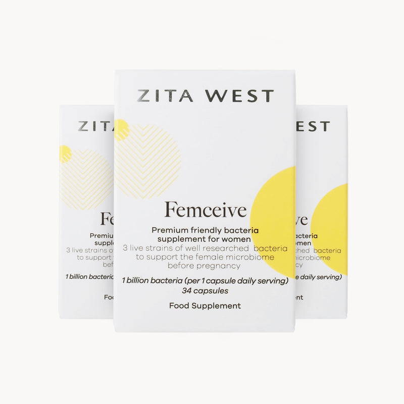 Three sets of Zita West Femeceive supplement packaging on a white background