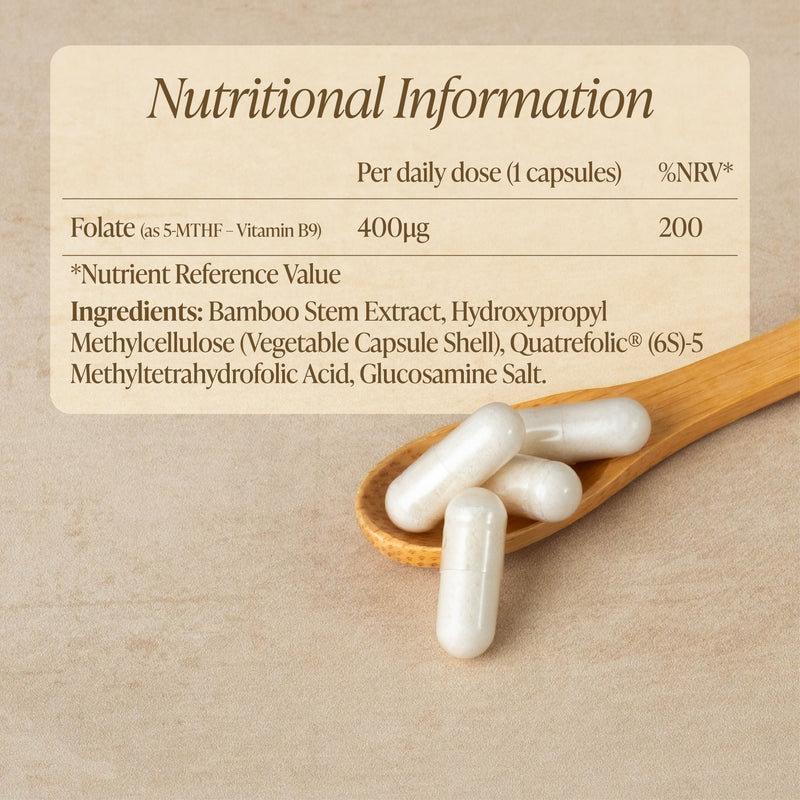 Nutritional information label for a supplement with capsules on a wooden spoon.