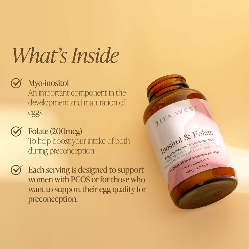 A bottle of Zita West Inositol & Folate on a yellow background