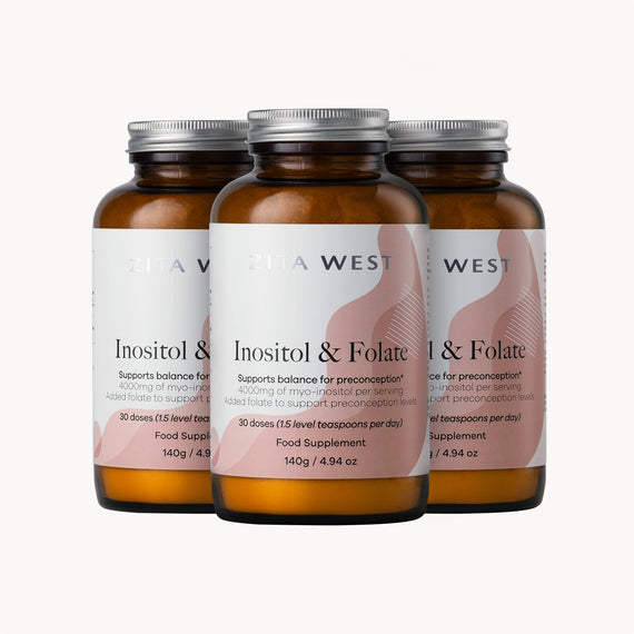 Three bottles of Zita West Inositol & Folate supplement on a white background