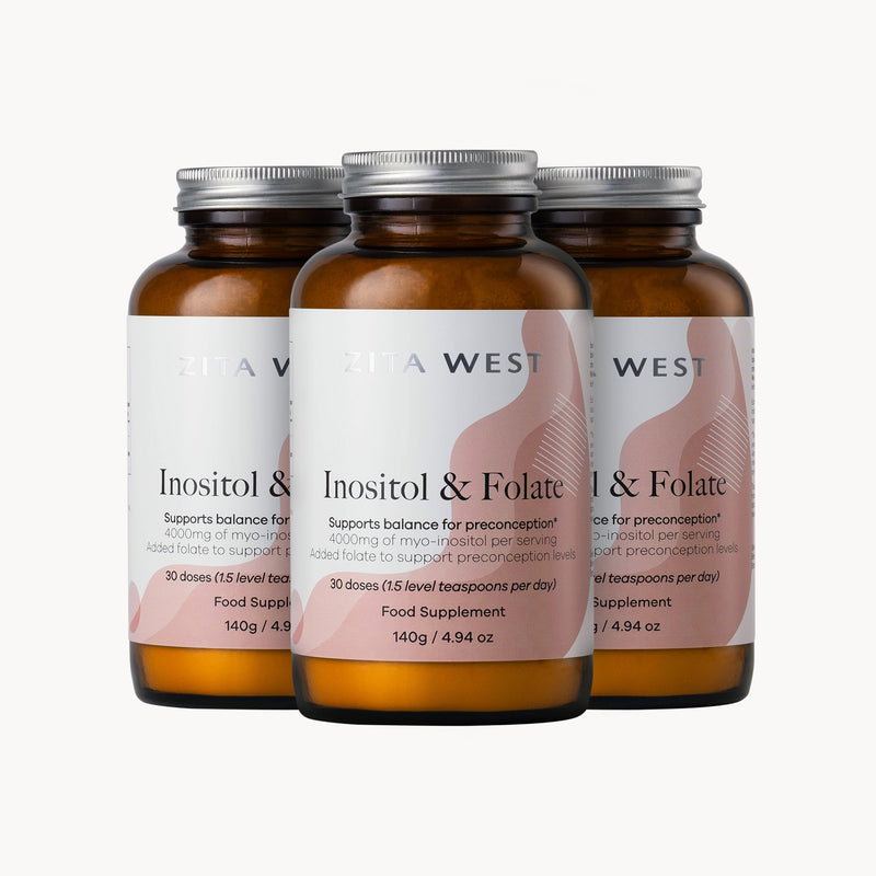 Three bottles of Zita West Inositol & Folate supplement on a white background