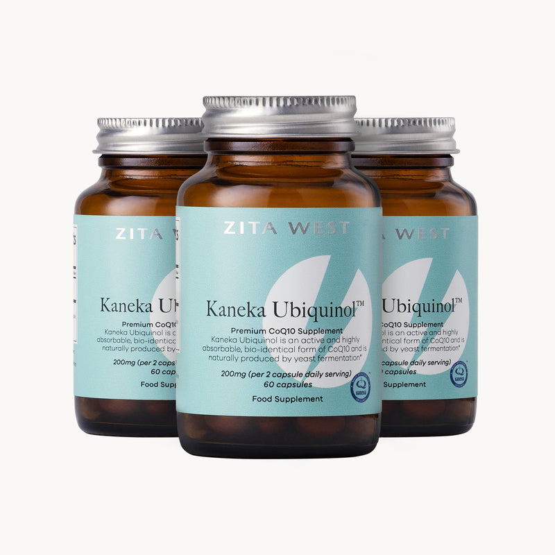 Zita West Kaneka Ubiquinol CoQ10 3 month supply of 60 capsules. Three bottles of Zita West Kaneka Ubiquinol supplement on a white background