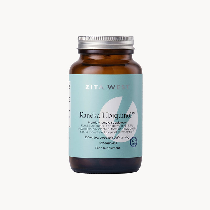 Zita West Kaneka Ubiquinol CoQ10 120 Capsules supplement bottle on a white background