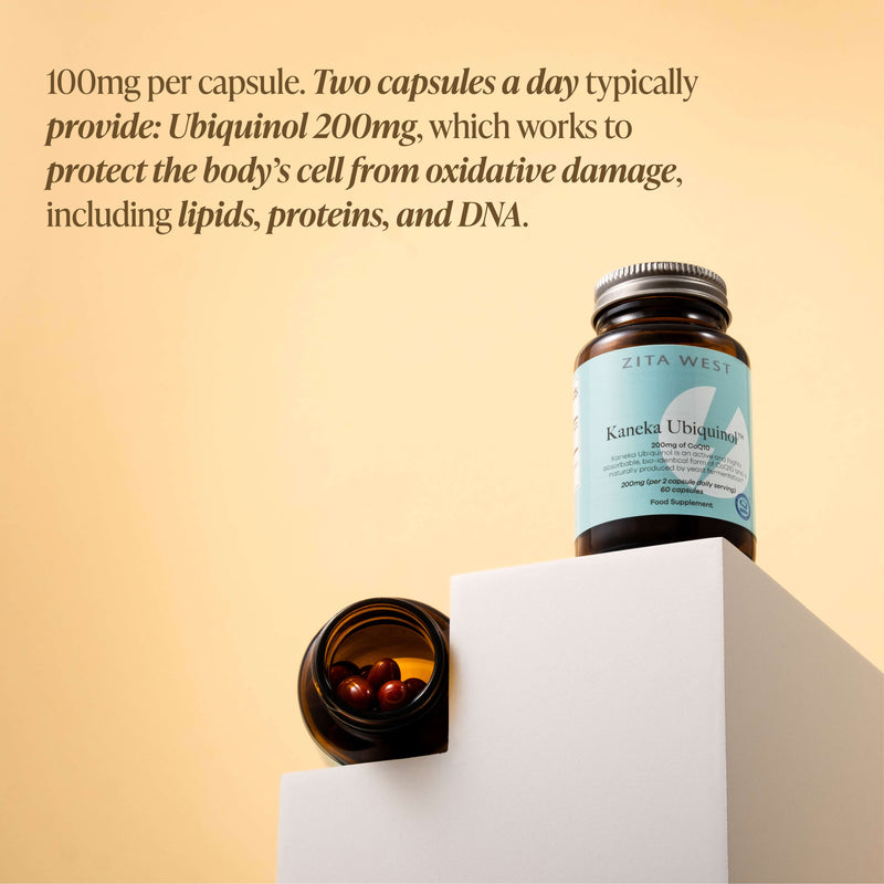 100mg per capsule. Two capsules per day. Zita West Kaneka Ubiquinol CoQ10