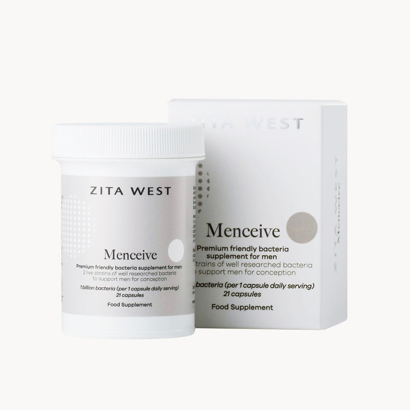 Zita West Menceive supplement container and packaging on a white background
