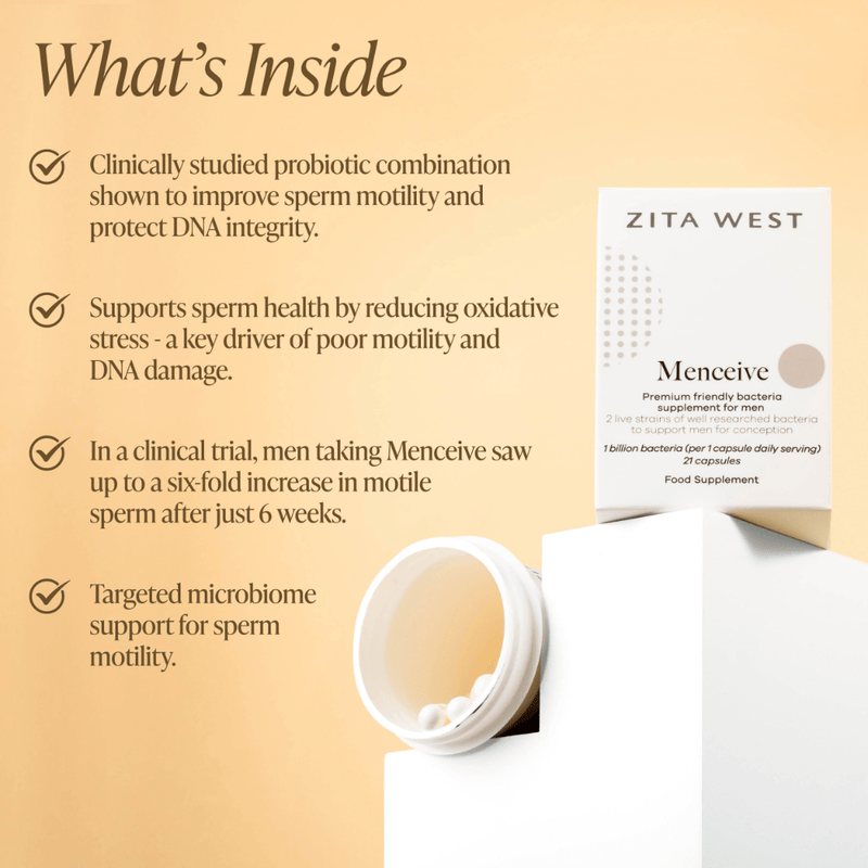 Zita West Menceive supplement packaging with text on a beige background