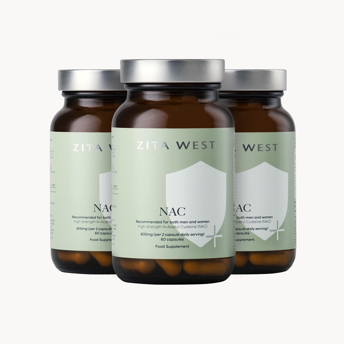 Three bottles of Zita West NAC supplement on a white background