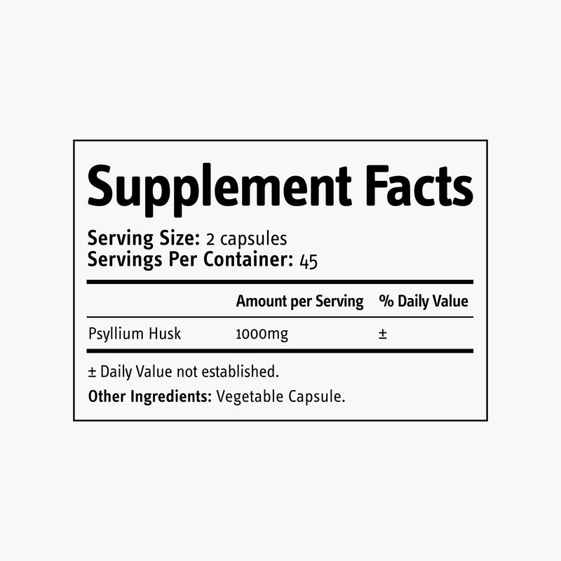 Supplement facts label for a product with psyllium husk on a white background