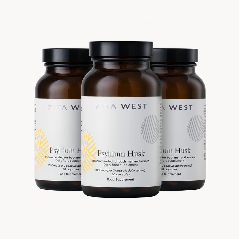 Three bottles of Zita West Psyllium Husk on a white background