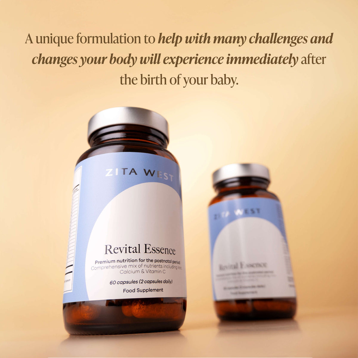 Two bottles of Revital Essence on a yellow background