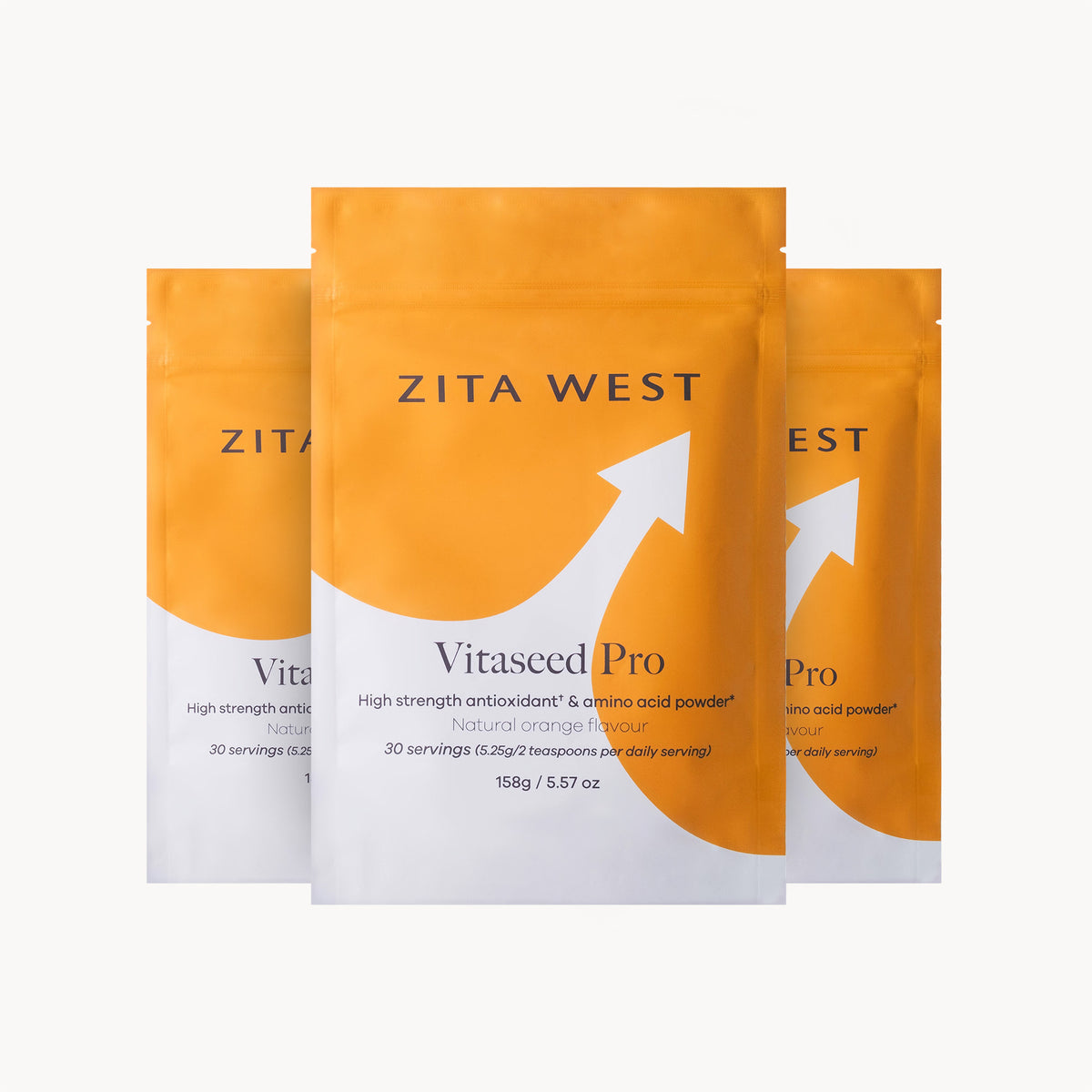 Three pouches of Zita West Vitaseed Pro on a white background