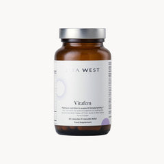 Vitafem supplement bottle with a white label on a white background