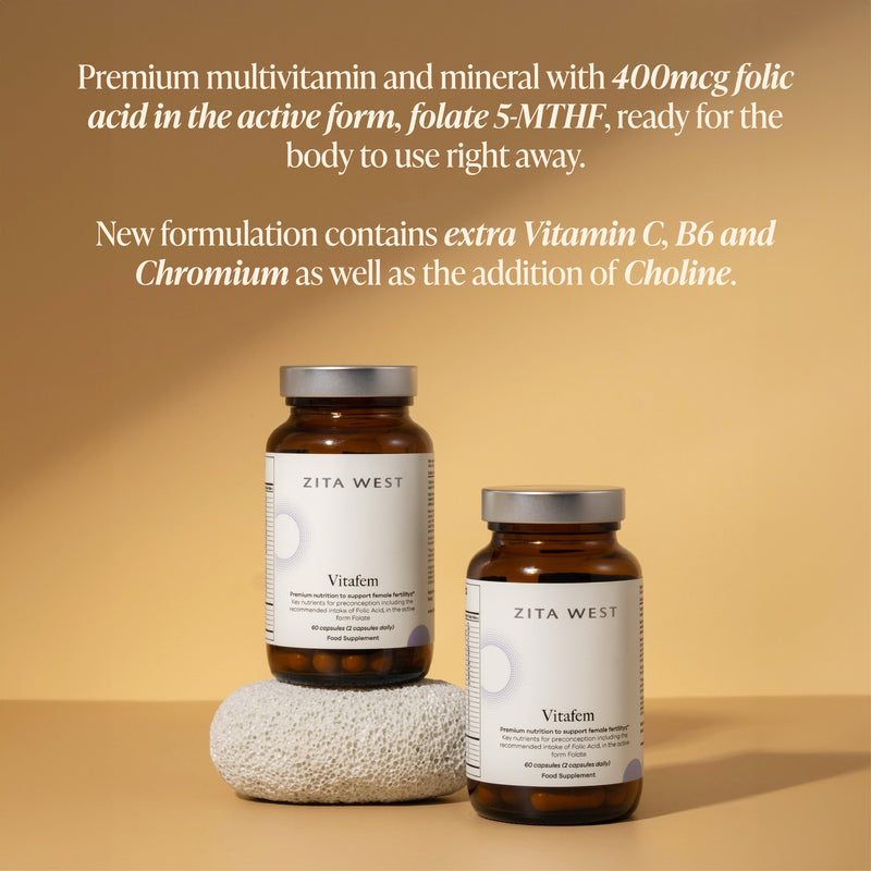 Two Vitafem bottles on a neutral background with copy showing benefits