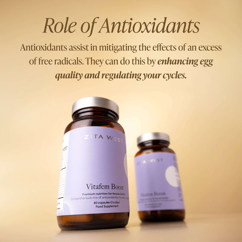 Two bottles of Vitafem Boost on a yellow background with test about them being antioxidants for female fertility