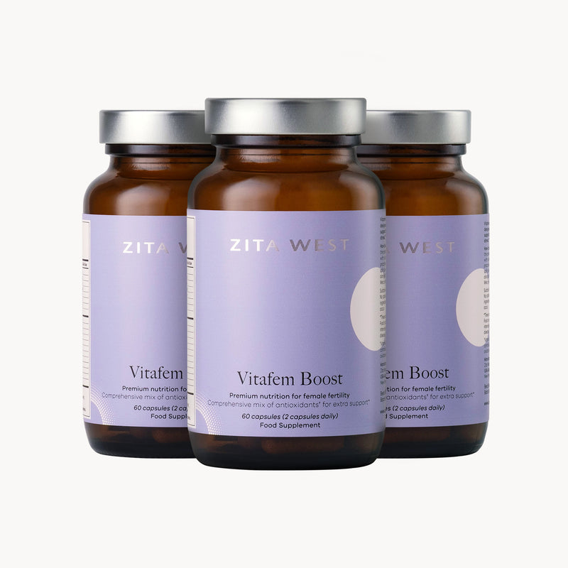Three Zita West Vitafem Boost supplement bottles on a white background