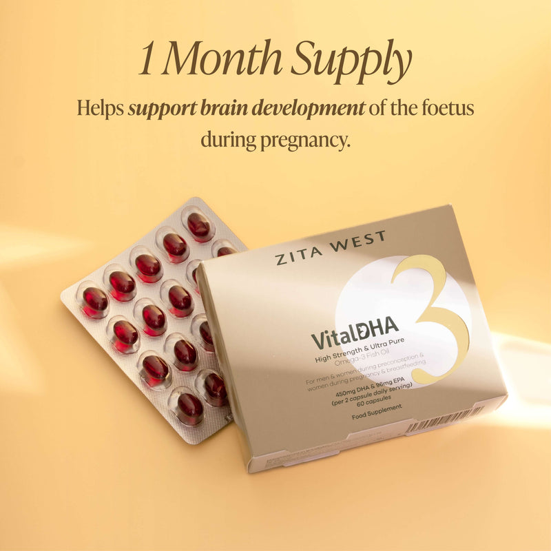 A pack of Zita West Vital DHA on a yellow background