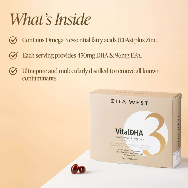A pack of Zita West Vital DHA with two capsules on a yellow background