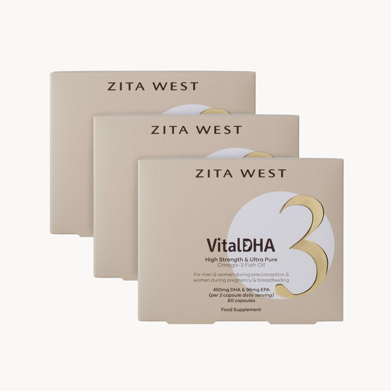 Three boxes of Zita West Vital DHA supplement on a white background