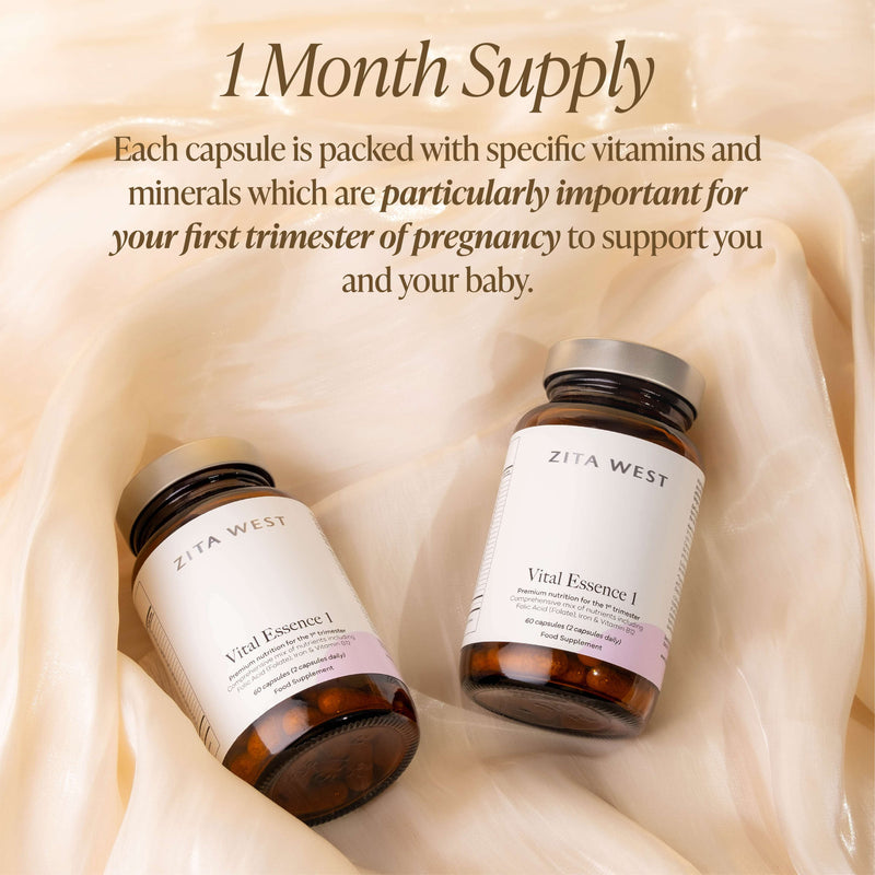 Two bottles of Zita West Vital Essence 1 on a beige background